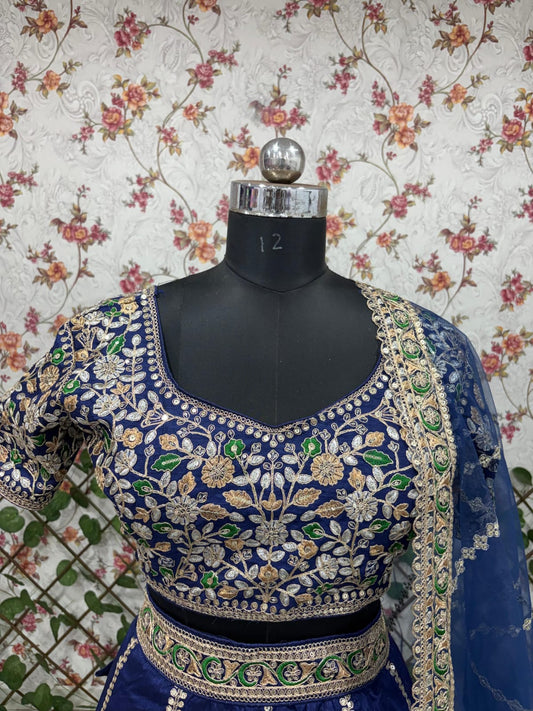 Royal Blue Heavy Embroidered Slub Silk Lehenga Set