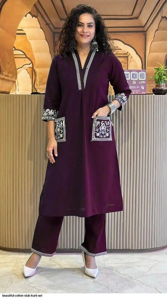 Heavy Embroidered Cotton Slub Kurti Pant Set