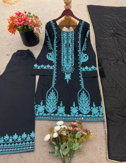 Black Pure Cotton Heavy Embroidered Suit Set with Dupatta –