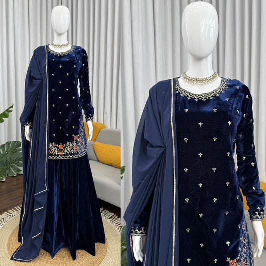 Premium Winter Velvet Embroidered Kurti–Plazzo Set with Dupatta