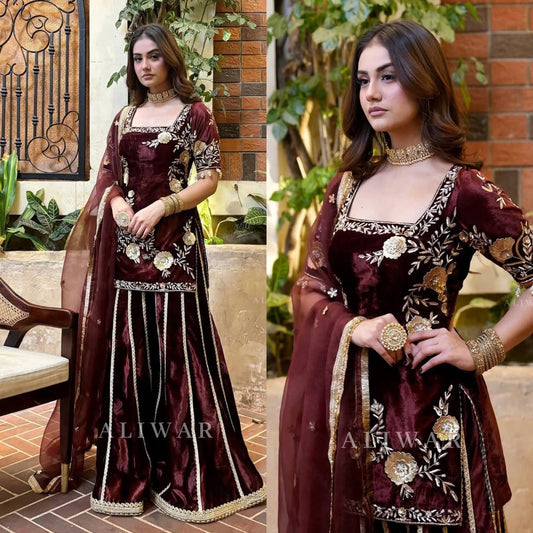 Designer Heavy Velvet Embroidered Sharara Suit with Butterfly Net Dupatta