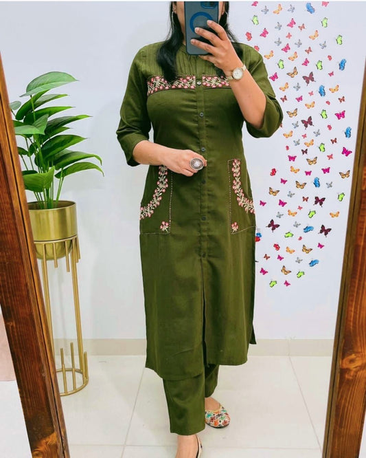 Cotton Embroidered Button-Front Kurti Set with Side Pockets