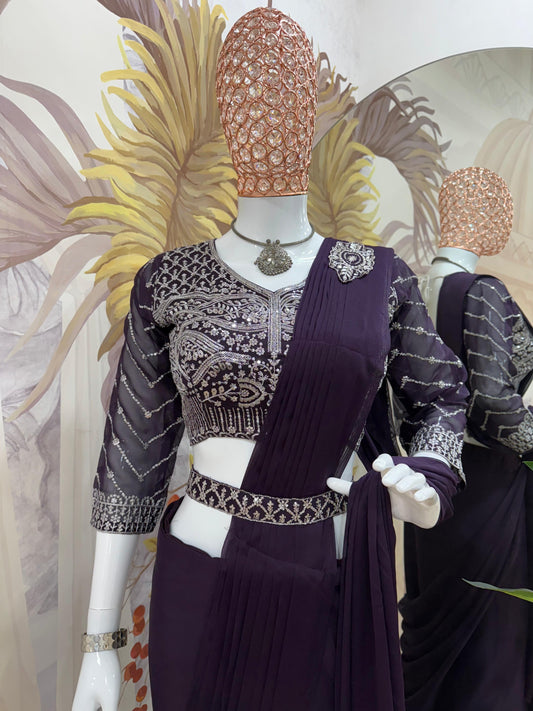Designer Ready-to-Wear Rangoli Drape Saree with Fully Embroidered Blouse & Waist Belt