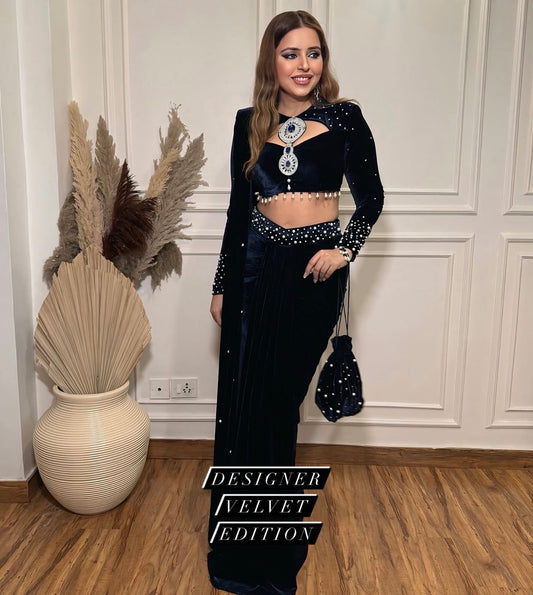 Designer Viscose Velvet Drape Lehenga Saree