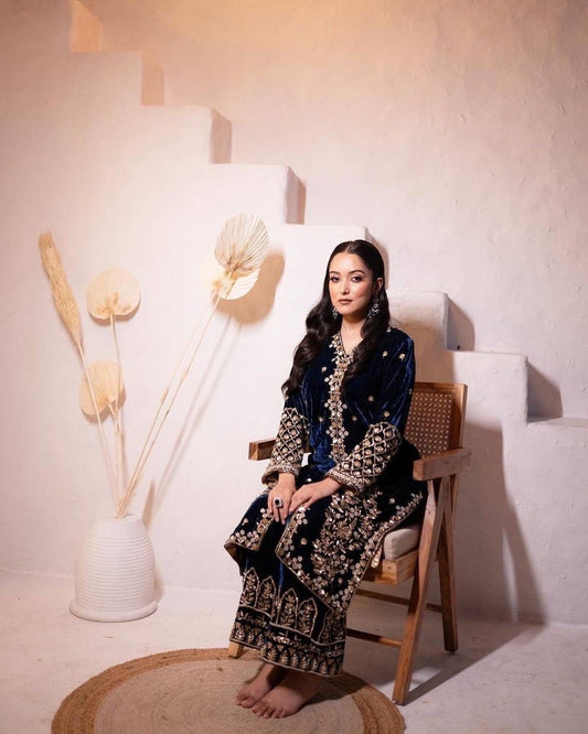 Royal Blue Velvet Kurti–Plazzo Set