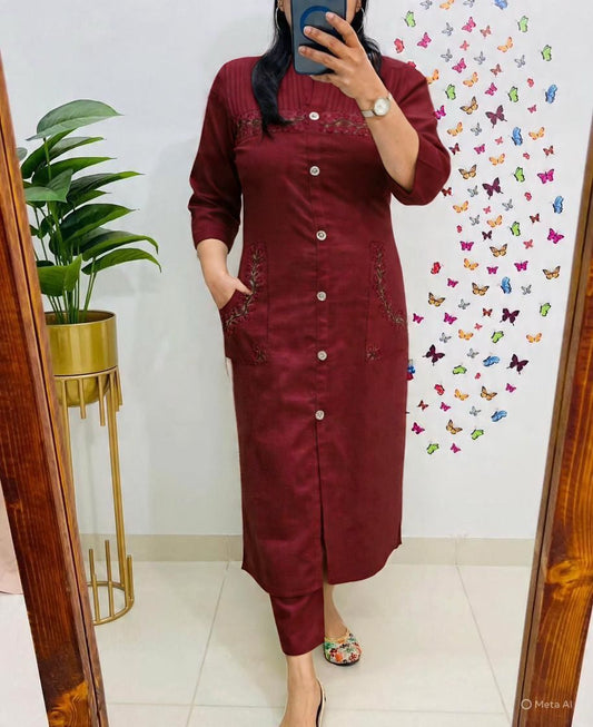 Cotton Embroidered Button-Front Kurti Set with Side Pockets