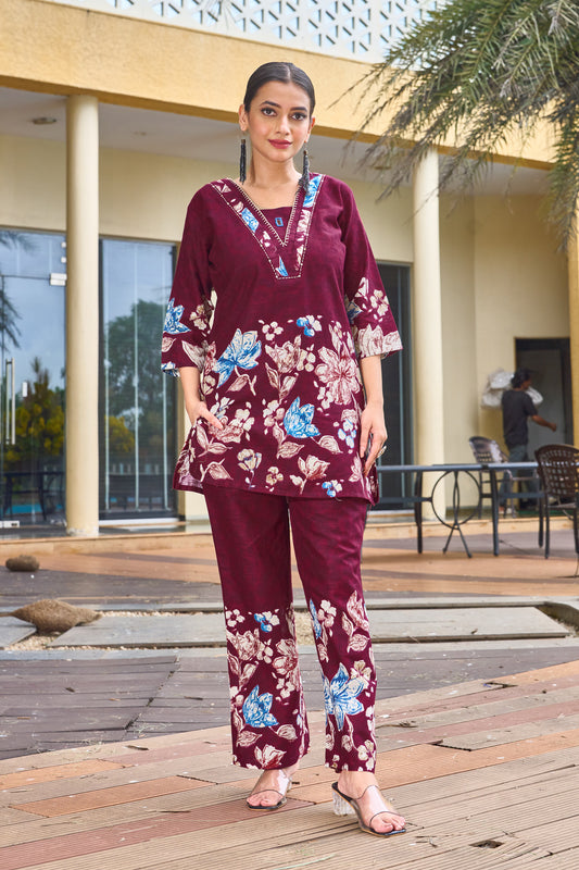 Designer Pure Cotton V-Neck Printed Co-ord Set with Handwork Detailing
