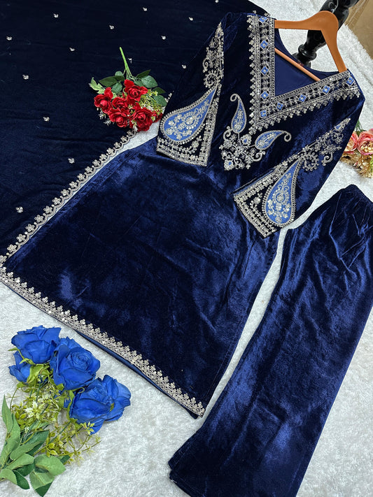 Designer Heavy Velvet Embroidered Suit Set with Plazo & Dupatta