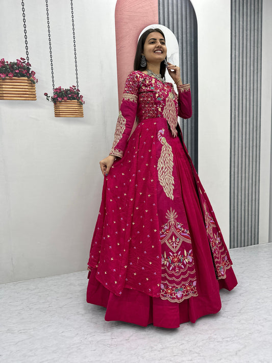 Rani Pink Vichitra Heavy Embroidered Crop Top Lehenga with Shrug