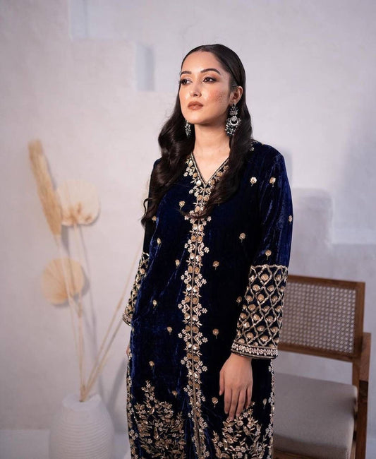 Royal Blue Velvet Kurti–Plazzo Set