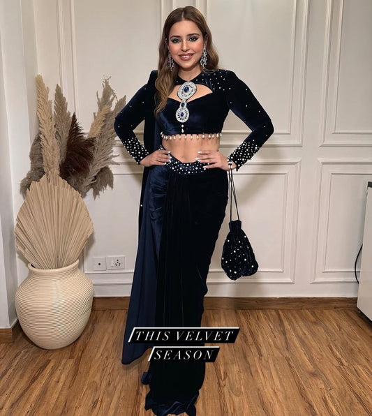 Designer Viscose Velvet Drape Lehenga Saree