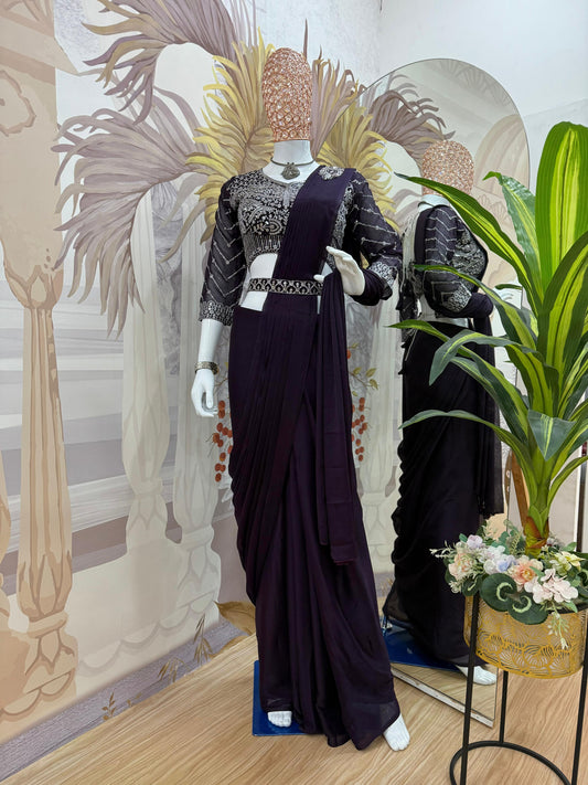 Designer Ready-to-Wear Rangoli Drape Saree with Fully Embroidered Blouse & Waist Belt