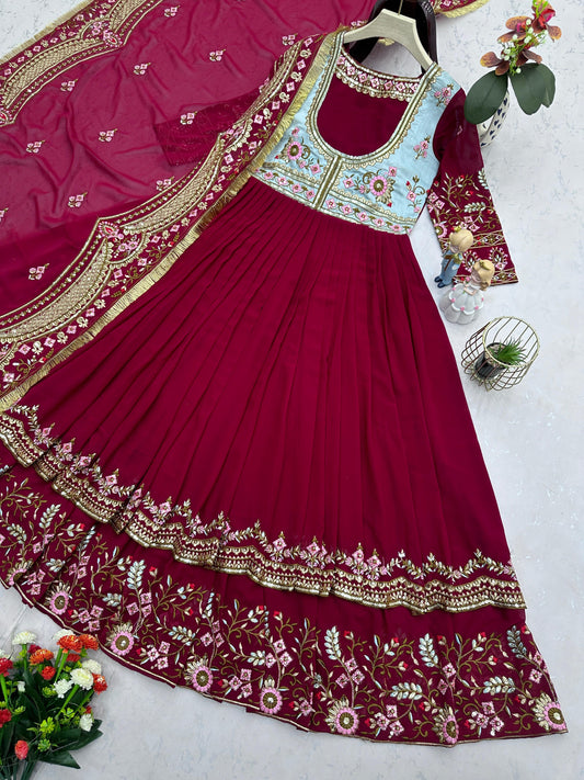 Maroon Double-Layer Embroidered Gown with Heavy Dupatta