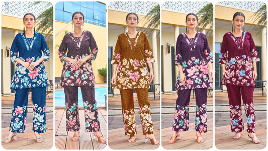 Designer Pure Cotton V-Neck Printed Co-ord Set with Handwork Detailing