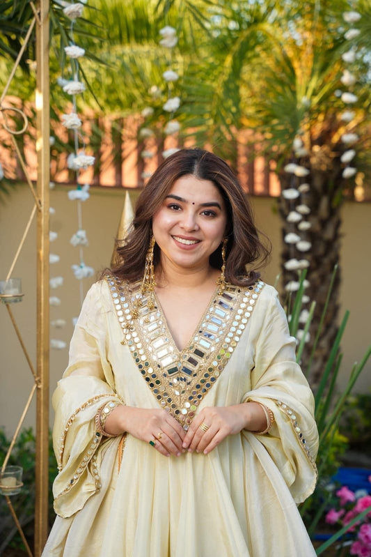 Premium Chinon Aliya-Cut Kediya Style Plazzo Set with Real Mirror Work