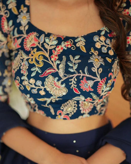 Navy Blue Embroidered Georgette Lehenga Choli Set