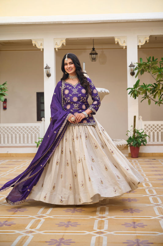 Chinon Embroidered Kurti With Tissue Silk Lehenga & Dupatta