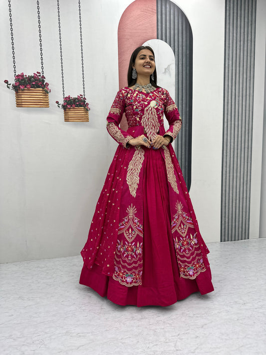 Rani Pink Vichitra Heavy Embroidered Crop Top Lehenga with Shrug