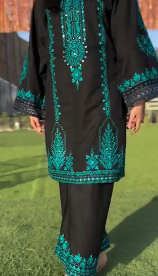 Black Pure Cotton Heavy Embroidered Suit Set with Dupatta –