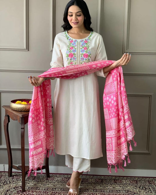 Handloom Khadi Cotton Embroidered Suit Set with Khadi Silk Dupatta