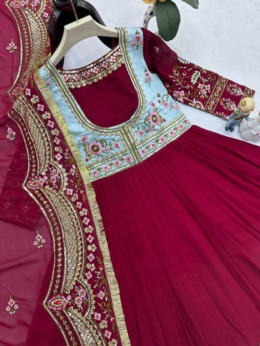 Maroon Double-Layer Embroidered Gown with Heavy Dupatta