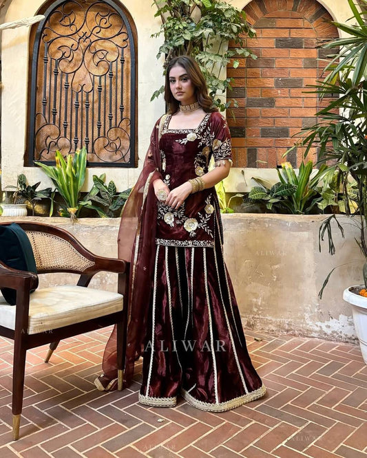 Designer Heavy Velvet Embroidered Sharara Suit with Butterfly Net Dupatta