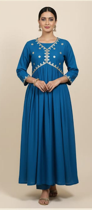 Royal Blue Embroidered Long Kurti for Women – Elegant Style
